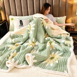 Synthetic Lamb's Wool Autumn Winter Warm Blankets for Bed 3 Layers Thicken Milk Velvet Blanket Warmth Fluffy Weighted Blanket 231221
