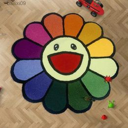 Carpets Fashion Dirtyresistant Cartoon Living Room Carpet Cute Soft Sunflower Round Children Room Rug Washable Easy Care Nonslip Rugs T230