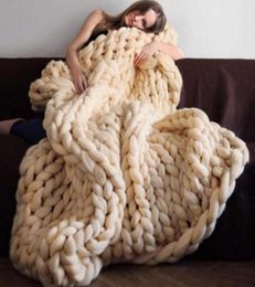 Fashion Hand Made Chunky Merino Wool Blanket Thick Big Yarn Roving Knitted Plaid Blanket Warm Throw Blanket For Sofa Plaid Cover L8195535