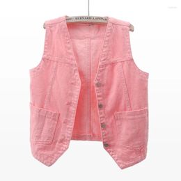 Women's Vests Fashion Pink Denim Vest Women Slim Short Waistcoat Student Cowboy Sleeveless Jacket Coat Big Pocket V Neck Jeans Female