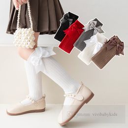 Lolita girls ribbon Bows applique socks kids vertical stripe knitted knee high princess socks 2024 spring children cotton breathable legs Z6218