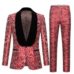 Men's Suits Red Rose Jacquard 2Pcs Set For Men Blazer Pants Gentleman Fashion High Quality Soft Comfortable Slim Fit Costume Homme