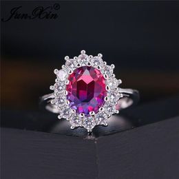 Wedding Rings Mystic Rainbow Fire Crystal Stone Sunflower For Women Silver Colour Oval Blue Red Pink Zircon Bands Jewellery Cz267L