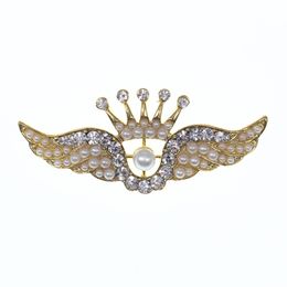 30pcs/lot 50MM Crystal Airline Pilot Wings with Crown Pin Brooch Gold Plated Angle Wing Brooches