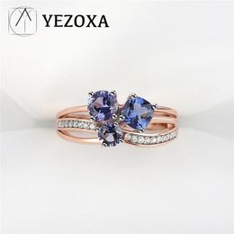 YEZOXA Created Colourful Blue Topaz 925 Sterling Silver 14K Rose Gold Plating 3 Stone Ring For Women Size 5 6 7 8 9 231221