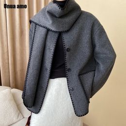 Scarf Collar Double sided Wool Blend Coats for Women 2023 Hand made Contrast Edging Design Autumn Winter Woollen Jacket 231220