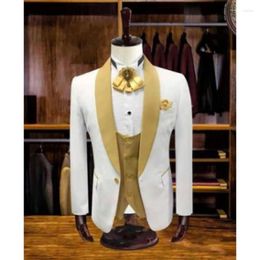 Men's Suits Tailored Ivory Wedding Suit Groom Tuxedo Men Yellow Shawl Collar Business Prom Party Wear Blazer Trousers 3Pcs Jacket Pants Vest
