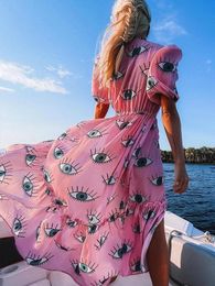 Dresses Wrinklefree Pink Eyes Chiffon Dresses Sexy Short Sleeve 2022 Summer Beach Dress Women Beach Wear Swim Suit Cover Up D1