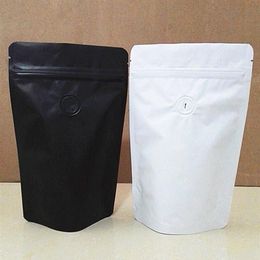 50pcs Matt Black White Stand up Aluminium Foil Valve Ziplock Bag Coffee Beans Storage Bag One-way Valve Moistureproof Pack Bags 201340g