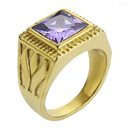 Cluster Rings EdgLiFu Men's Signet Purple Stone Ring Stainless Steel Gold Colour Square Band For Man Women