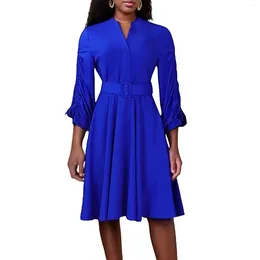 Ethnic Clothing Elegant 2024 Spring African Long Sleeve V-neck Fashion Office Lady Midi Dress Dashiki Africa Dresses For Women