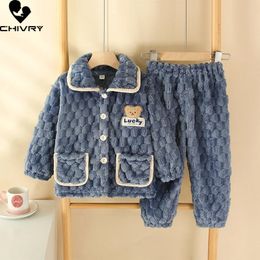 Kids Boys Girls Autumn Winter Flannel Thicken Pyjamas Baby Cartoon Long Sleeve Lapel Tops with Pants Sleeping Clothing Sets 231220