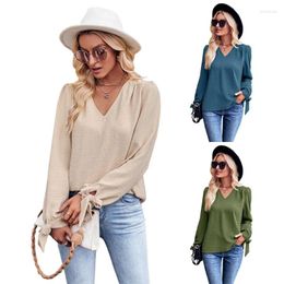 Women's T Shirts Womens Casual Loose Fitting Tops V Neck Lace Up Long Sleeve T-Shirts Fall Tees Shirt Tunics Blouses