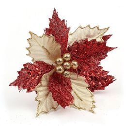 Christmas Decorations 5pcs lot 2021 22cm Glitter Poinsettia Artificial Flowers Tree Ornament Merry Party Supplies13047