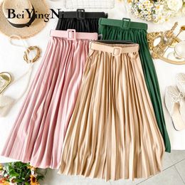 Dresses Beiyingni Korean Style Pleated Midi Skirt Women Casual New Fashion High Elastic Waist Skirts Black Pink Elegant Skirt Belt Saias