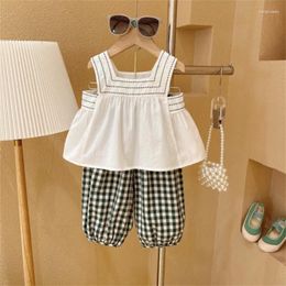 Clothing Sets Girl's 2023 Summer Korean Thin Knitted Girl Set Children Bubble Sleeve Shirt Wide-legged Pants Girls Suit