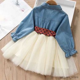 Girl's Dresses 2023 Spring and Autumn Girls' Dress Version Splicing Mesh Dress+detachable Dot Belt Suit Dress Girls Dress