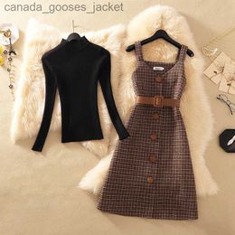 Two Piece Dress Streetwear Two Piece Dress Women Autumn Winter Sweater Wool Knee-Length Spaghetti Strap With Belt Elegant Party Vestidos L231221