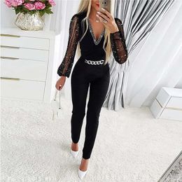 Women's Two Piece Pants Autumn Fashionable Solid Colour V-neck Long Sleeved Diamond High Waisted Professional Casual Lace Jumpsuit S-3XL