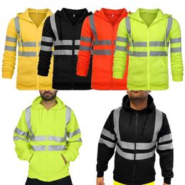 Tops Fleece Sweatshirt Zip Hooded Night Work High Visibility Jacket Hi Viz Vis Reflective Pullover Hoodie 231220