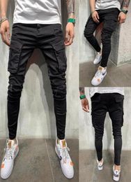 Black Biker Cargo Jeans Men MultiPocket Slim Fit Joggers Trousers Mens Ripped Hole Motorcycle Streetwear Denim Pencil Pants3212231