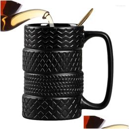 Mugs Tire Coffee Mug Mechanic 3D Cool 400Ml/13.41Oz Black Novelty Frosted Ceramic Large Tea Cup Unique Gifts Drop Delivery Home Garden Dhpch