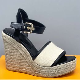 Designer Sandals Espadrilles Leather High Heels Women Wedge Sandal With Adjustable Buckle Party Wedding Dress Shoes With Box 378