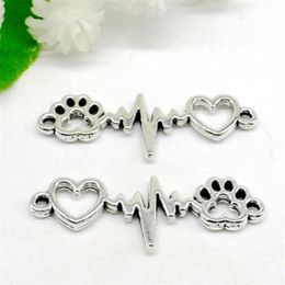 100Pcs Vintage Silver Paw Print Heart Electrocardiogram Symbol Connectors for Bracelet Charms Jewelry Making 34x12mm2500