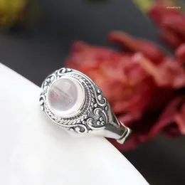 Cluster Rings S925 Sterling Silver Wholesale Handmade Natural Pink Crystal Retro Thai Ring Female Open Ended