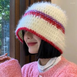 Berets Winter Korean Ins Stripe Handmade Knitted Bucket Hat Fisherman's Women's Big Head Warm Ear Protection Water Beanies