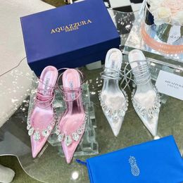 aquazzura Designer Sandals Womens Heeled Shoes Dress Shoe Luxury weddingr heels Satin High Bow Crystal Embellished Buckle Pointed Toe Sandal Dinner with box