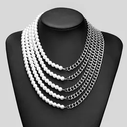 Chains Stainless Steel Cuban Curb Link Chain Pearl Choker Necklace For Women Men Punk Hip-hop 8mm White Beaded Silver Colour Jewellery