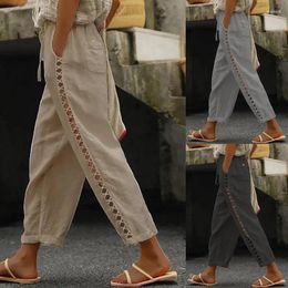 Women's Pants Cotton Linen Women Harem Loose Lace Hollow Trousers Summer Female Vintage Wide Leg Pant