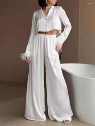 Women's Blouses 2023 Autumn Long Sleeve Shirt High Waist Wide Foot Pant Set Personality Feather Cuff Temperament Casual Advanced Sense