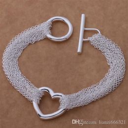 Top 925 Silver Bracelet Multi Links Chain Heart Pendant Bracelet Silver Jewellery 10Pcs lot cheap 1023276r