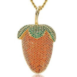 New Trendy Yellow White Gold Plated Full Bling CZ Iced Out Strawberry Pendant Necklace for Men Women Fashion Bar DJ Hip Hop Jewelry