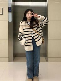 Women's Trench Coats Striped Lamb Plush Hooded Coat For Winter Autumn Loose Fur One Piece Jackets Women Jacket