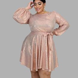 Dresses Plus Size Dress Women Party Dress Sequined Long Sleeve Slash Neck High Waist ALine Pink Dresses Wholesale Drop Shipping