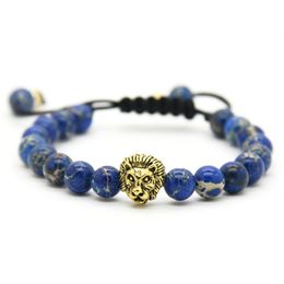 1PCS Retail Men's Bracelets 8mm Stone Beads Gold Silver Plated Lion Head Braiding Bracelets2395