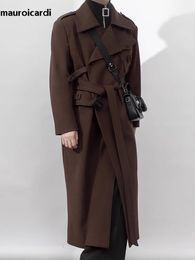 Mauroicardi Autumn Winter Cool Elegant Long Warm Black Woolen Trench Coat Men Belt Luxury Designer Clothes Wool Blends Overcoat 231221