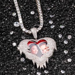 Hip Hop Iced Out Love Shape Flip Custom Po Pendant Personality Creativity DIY Necklace with Rope Chain222y