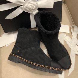 Botas de neve femininas com corrente de pele designer deslizamento em saltos plataforma grossos sapato de lazer ao ar livre clássico preto marrom bota ocidental com sacos de pó senhoras sapato casual