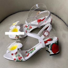 Ladies 2024 shoes patent sandals women Genuine dress 6CM chuckly high heels peep-toe wedding party print buckle Strap diamond Bohemia 3D Flower Strawberry siz 596