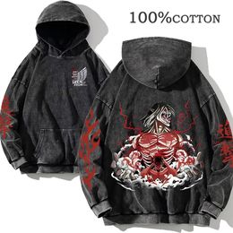 Anime Attack on Titan Hoodie 100%Cotton Men's Clothing Vintage Black Acid Wash Hoodies Men Women Hip Hop Sweatshirts Y2K Clothes 231220