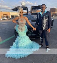 Prom Blue Dresses For Black Girl Sparkly Crystal Beaded Rhienstones Feathers Long Evening Dress Special Ocn Gowns