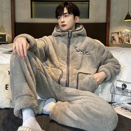 Coral Fleece Pyjama Sets Men Winter Warm Sleepwear Long Sleeve Trouser Pyjamas Flannel Thick Homewear Zipper Hooded 231220