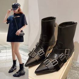 Women s Boots Short Leather Chunky Heels Goth Punk Designer Low heel Chelsea Cowboy Rock Shoes Moccasin Fashion Black 231220