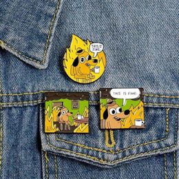 Cartoon Badges Funny Hound Enamel Pin Letter THIS IS FINE Cute Yellow Dog Brooches Bag Clothes Lapel Pin Jewellery Gift Trinkets12360