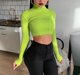 Women039s Sweaters Women Long Sleeve Turtleneck Sweater Ribbed Knitted Bodycon Crop Top Fluorescent Neon Green Solid Pullover T6055454
