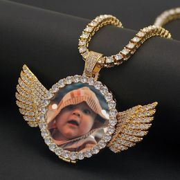 Custom Made Po With wings Medallions Necklace Pendant with Rope Chain Cubic Zircon Men's Hip hop Jewelry2688